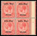 Stamp of South West Africa 1923 1d rose-red in mint l.h. marginal block of 4 with the lower right stamp showing the 'Af.rica' variety