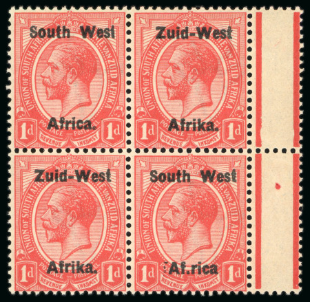 Stamp of South West Africa 1923 1d rose-red in mint l.h. marginal block of 4 with the lower right stamp showing the 'Af.rica' variety