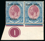 Stamp of South West Africa 1923 5s purple and blue in mint lower marginal plate