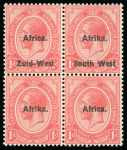 Stamp of South West Africa 1923 range of 1/2d and 1d ovpt varieties on 2 Hagners in pairs and blocks,
