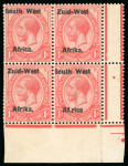 Stamp of South West Africa 1923 range of 1/2d and 1d ovpt varieties on 2 Hagners in pairs and blocks,