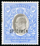 Stamp of Kenya, Uganda and Tanganyika » Kenya, Uganda and Tanganyika 1903 1/2a to 10R mint l.h. set of 14 with "SPECIMEN" ovpt as well as the 20R and 50R