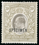 Stamp of Kenya, Uganda and Tanganyika » Kenya, Uganda and Tanganyika 1903 1/2a to 10R mint l.h. set of 14 with "SPECIMEN" ovpt as well as the 20R and 50R