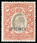 Stamp of Kenya, Uganda and Tanganyika » Kenya, Uganda and Tanganyika 1903 1/2a to 10R mint l.h. set of 14 with "SPECIMEN" ovpt as well as the 20R and 50R