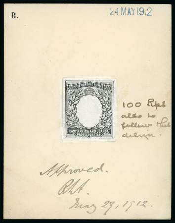 Stamp of Kenya, Uganda and Tanganyika » Kenya, Uganda and Tanganyika 1912 500r Essay for frame only on white glazed card