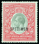 Stamp of Kenya, Uganda and Tanganyika » Kenya, Uganda and Tanganyika 1912 Wmk multi CA 500R green and red on green mint with "SPECIMEN" overprint