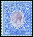 Stamp of Kenya, Uganda and Tanganyika » Kenya, Uganda and Tanganyika 1912 Wmk multi CA 20R purple and blue on blue mint