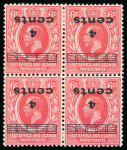 Stamp of Kenya, Uganda and Tanganyika » Kenya, Uganda and Tanganyika 1919 4c on 6c scarlet mint block of 4 showing surcharge inverted variety
