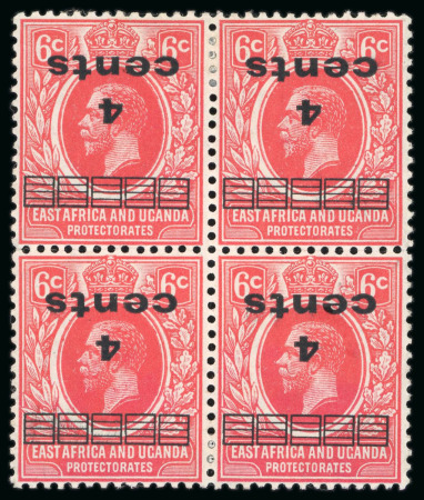 Stamp of Kenya, Uganda and Tanganyika » Kenya, Uganda and Tanganyika 1919 4c on 6c scarlet mint block of 4 showing surcharge inverted variety