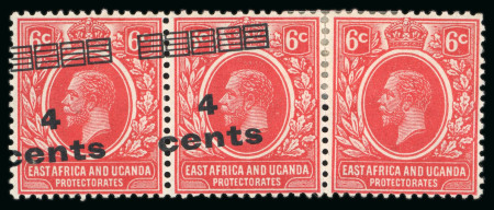 Stamp of Kenya, Uganda and Tanganyika » Kenya, Uganda and Tanganyika 1919 4c on 6c scarlet in mint strip of 3 showing the scarce "pair, one without surcharge" variety