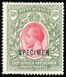 Stamp of Kenya, Uganda and Tanganyika » Kenya, Uganda and Tanganyika 1921 Wmk Script 50R carmine and green mint with "SPECIMEN" ovpt