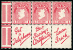 Stamp of Ireland » Booklets 1931-40 "SE" wmk 1d red, mint n.h. complete booklet pane of three and three advert labels