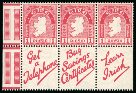Stamp of Ireland » Booklets 1931-40 "SE" wmk 1d red, mint n.h. complete booklet pane of three and three advert labels