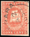 Stamp of British Guiana 1853 1c dull red with four good margins used with part Demerara JA 2 1856 cds