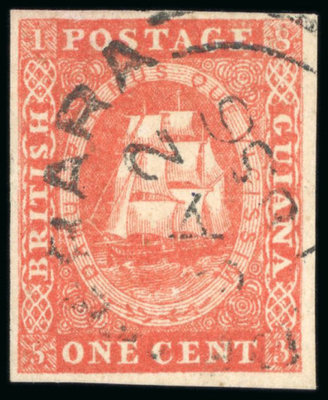 Stamp of British Guiana 1853 1c dull red with four good margins used with part Demerara JA 2 1856 cds
