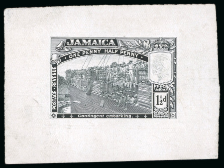 Stamp of Jamaica 1919, Contingent Embarking 1 1/2d value group of six die proofs in black on glazed paper