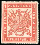 Stamp of South Africa » Transvaal 1870 Roulette mint h.r. examples of 1d in brick-red, orange-red and vermilion, 6d pale ultramarine and 1s emerald-green
