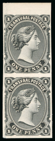Stamp of South Africa » Transvaal 1878 1d Bradbury Wilkinson plate proof in black imperforate vertical pair