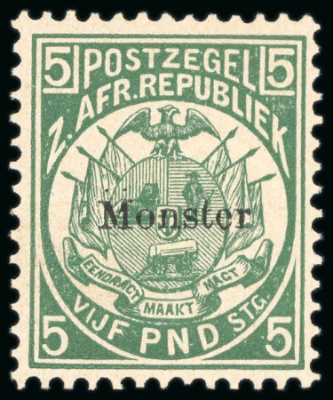 Stamp of South Africa » Transvaal 1885 £5 deep green mint n.h. with "Monster" ovpt