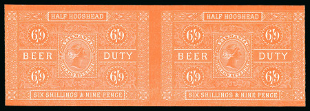 Stamp of Australia » Tasmania Revenues: 1881 Beer Duty 6/9d Half Hogshead plate proof in red on white glazed paper in horizontal imperf. pair