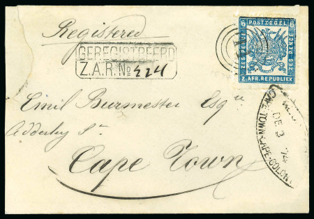 Stamp of South Africa » Transvaal 1874 6d bright ultramarine on Registered cover to Cape Town tied very fine strike of the target type numeral "14" 