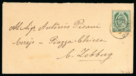 Stamp of Malta 1913 Local envelope addressed to Zebbug franked KEVII