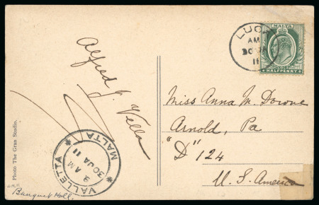 Stamp of Malta 1911 Postcard sent to the USA franked KEVII 1/2d tied