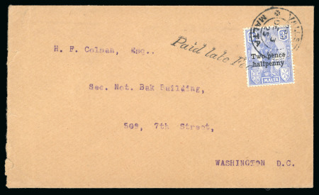 Stamp of Malta 1925 Envelope to USA franked Two pence halfpenny surch.