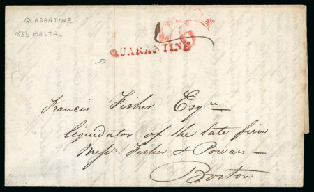 Stamp of Malta 1833 Entire from Malta to Boston with s/l red QUARANTINE