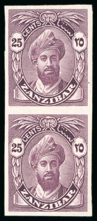 Stamp of Zanzibar » The Zanzibar Post Office (1895-1964) 1936 25c proof in unissued purple and 40c proof in sepia (issued colour), both imperforate on ungummed paper
