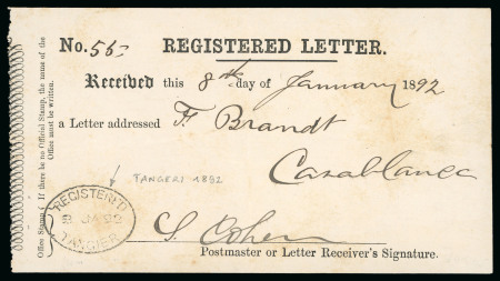 Stamp of Morocco Agencies (British Post Offices) TANGIER: 1892 Registered Letter Receipt cancelled oval