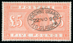 Stamp of Great Britain » 1855-1900 Surface Printed » 1867-83 High Values 1867-83 £5 orange AE used with neat "ACCOUNT BRANCH / GLASGOW" 22 NO 92 oval cance