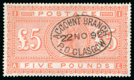 Stamp of Great Britain » 1855-1900 Surface Printed » 1867-83 High Values 1867-83 £5 orange AE used with neat "ACCOUNT BRANCH / GLASGOW" 22 NO 92 oval cance