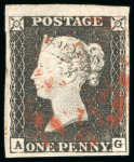 Stamp of Great Britain » 1840 1d Black and 1d Red plates 1a to 11 1840, 1d black pl.1a AG with good to very large margins, light strike of red MC