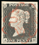 Stamp of Great Britain » 1840 1d Black and 1d Red plates 1a to 11 1840, 1d black pl.1a AD with four large margins and parts of two lightly struck red MCs