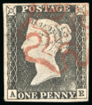 Stamp of Great Britain » 1840 1d Black and 1d Red plates 1a to 11 1840, 1d grey-black (very worn plate) pl.1a AE with four margins and neat strike of red MC