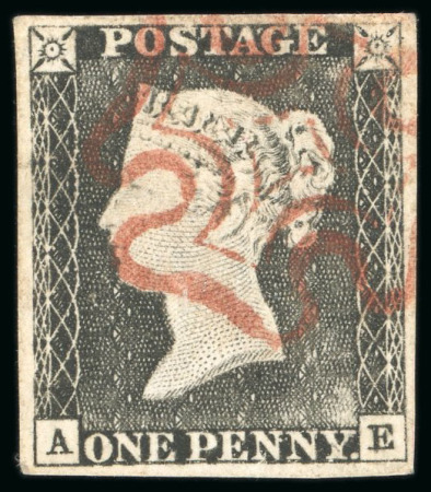 Stamp of Great Britain » 1840 1d Black and 1d Red plates 1a to 11 1840, 1d grey-black (very worn plate) pl.1a AE with four margins and neat strike of red MC