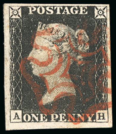 Stamp of Great Britain » 1840 1d Black and 1d Red plates 1a to 11 1840, 1d black pl.1b AH with four good to very large margins, crisp red MC