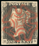 Stamp of Great Britain » 1840 1d Black and 1d Red plates 1a to 11 1840, 1d black pl.1b HD with four margins and full strike of red MC