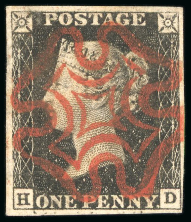 Stamp of Great Britain » 1840 1d Black and 1d Red plates 1a to 11 1840, 1d black pl.1b HD with four margins and full strike of red MC