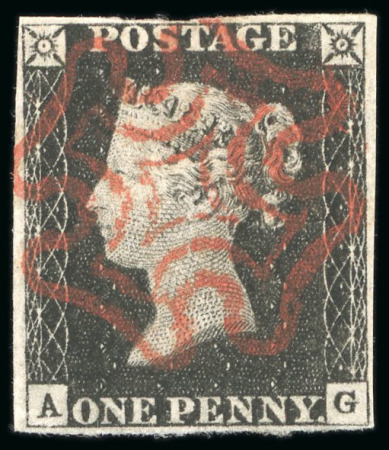 Stamp of Great Britain » 1840 1d Black and 1d Red plates 1a to 11 1840, 1d black pl.2 AG with four margins and crisply struck red MC