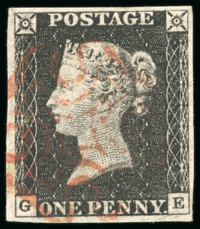 Stamp of Great Britain » 1840 1d Black and 1d Red plates 1a to 11 11840, 1d black pl.2 GE with four margins and red MC, matched with 1d red pl.2
