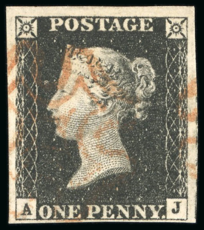 Stamp of Great Britain » 1840 1d Black and 1d Red plates 1a to 11 1840, 1d black pl.4 AJ with fine to large margins, red MC