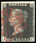 Stamp of Great Britain » 1840 1d Black and 1d Red plates 1a to 11 1840, 1d black pl.5 AI with four margins and neat red MC