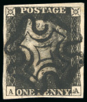 Stamp of Great Britain » 1840 1d Black and 1d Red plates 1a to 11 1840, 1d black pl.6 AA with good to very good margins and fine, centrally struck black MC
