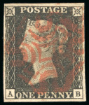 Stamp of Great Britain » 1840 1d Black and 1d Red plates 1a to 11 1840, 1d black pl.7 AB with four margins and centrally struck red MC