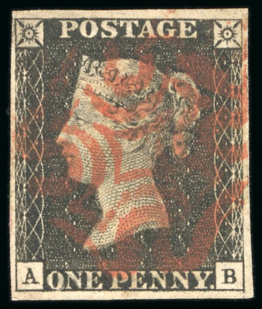 Stamp of Great Britain » 1840 1d Black and 1d Red plates 1a to 11 1840, 1d black pl.7 AB with four margins and centrally struck red MC
