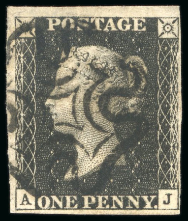 Stamp of Great Britain » 1840 1d Black and 1d Red plates 1a to 11 1840, 1d black pl.7 AJ with four margins and neat black MC