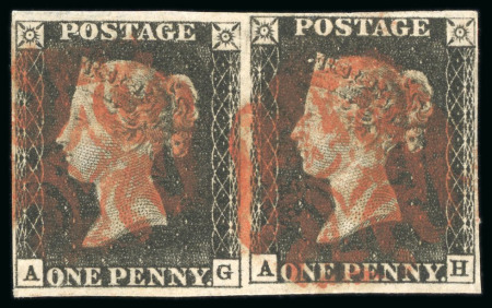 Stamp of Great Britain » 1840 1d Black and 1d Red plates 1a to 11 GB 1840, 1d black pl.7 AG-AH horizontal pair with four margins and two neat strikes of a red MC