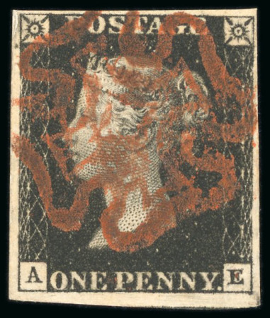 Stamp of Great Britain » 1840 1d Black and 1d Red plates 1a to 11 1840, 1d black pl.8 AE with four margins and bold strike of a brownish-red MC